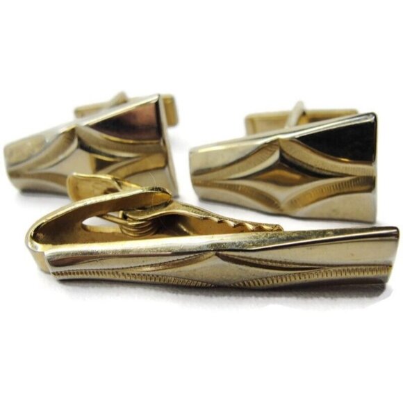 Vintage Rectangle Cufflinks Set Tie Clip Gold Tone Wedding Accessories Pat No - Picture 2 of 9